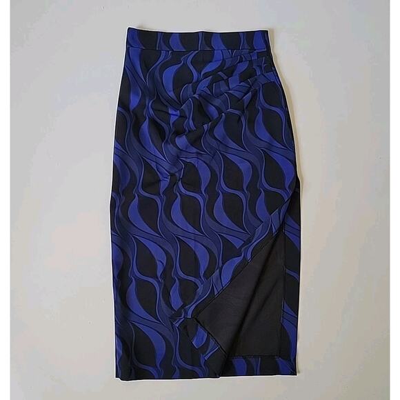 Zara Geometric Print Ruched Satin Midi Pencil Skirt Thigh High Side Slit Retro - Picture 1 of 12